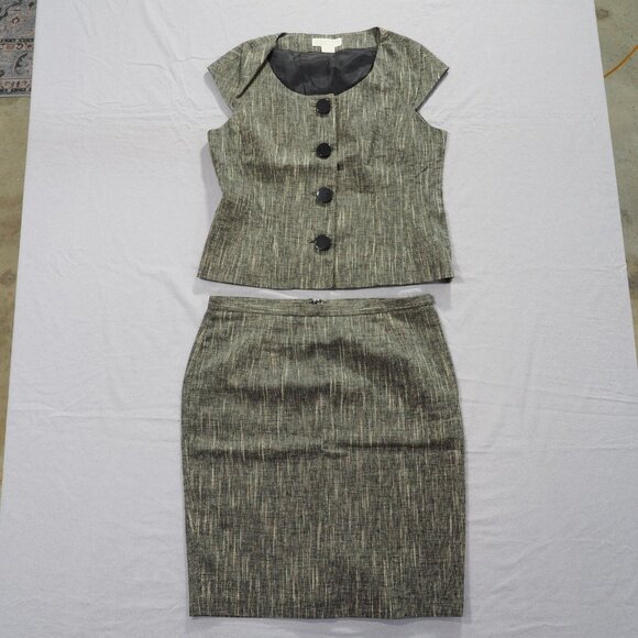 Michael Michael Kors Skirt Suit Set Womens 12 Black Tan Linen Cotton Two Piece - Picture 1 of 11